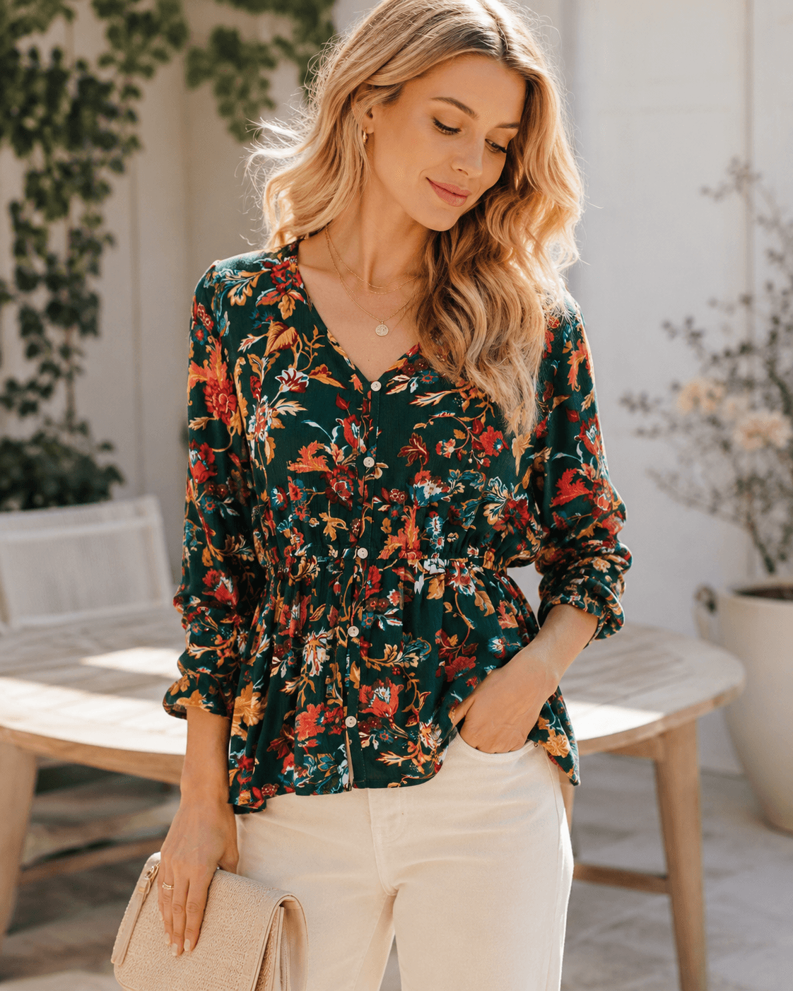 FRYE Emerald Floral Button Front Peplum Blouse