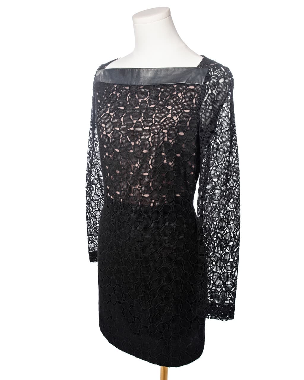 Diane von Furstenberg Black Lace & Leather Accent Cocktail Dress