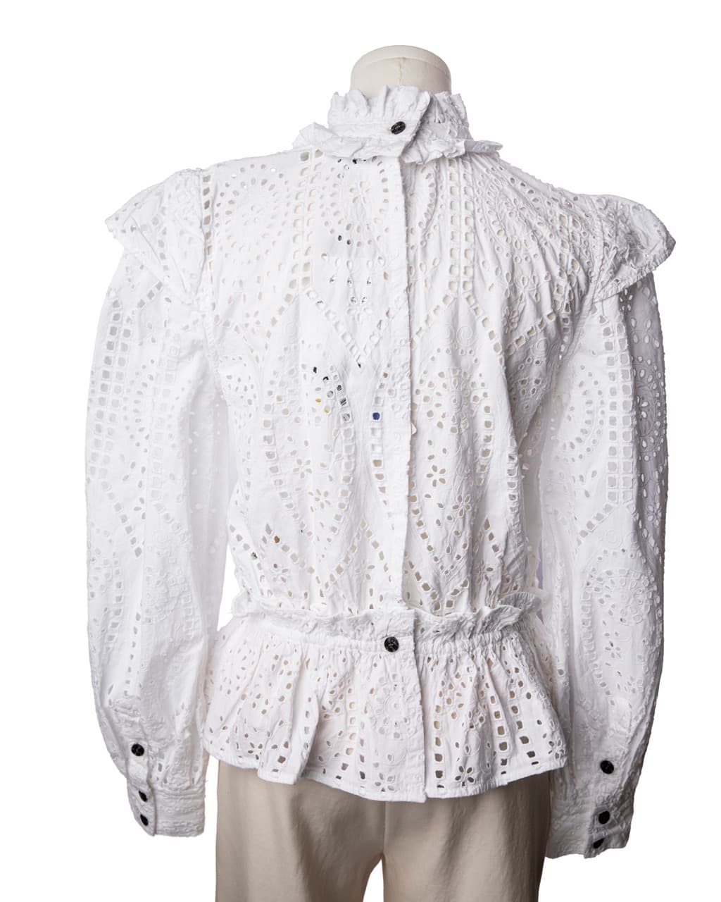 GANNI White Cotton Eyelet Open Back Ruffle Peplum Blouse