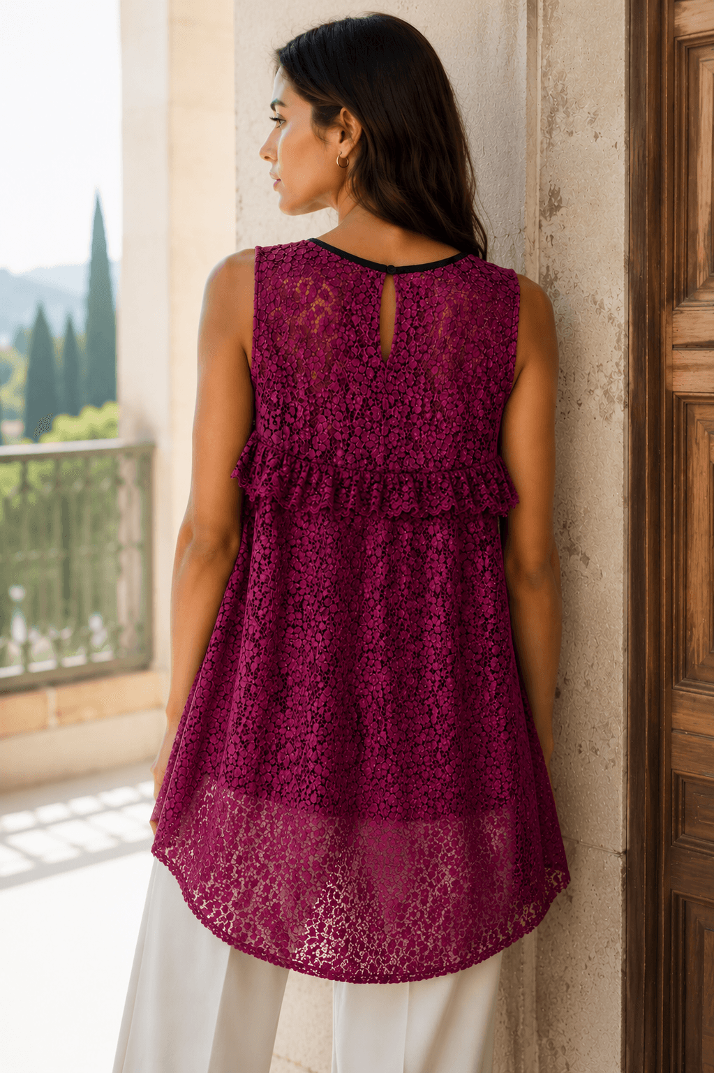 Erdem Magenta Floral Lace High-Low Tunic Blouse