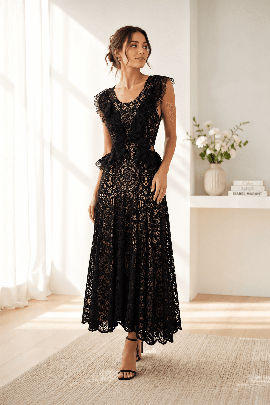 Alexis Midnight Lace Ruffle Midi Dress