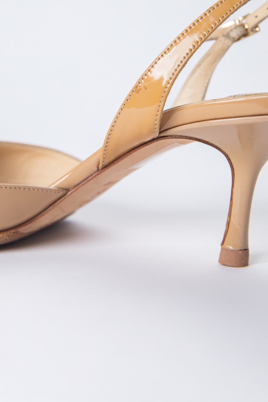 Jimmy Choo Nude Patent Leather Slingback Kitten Heels