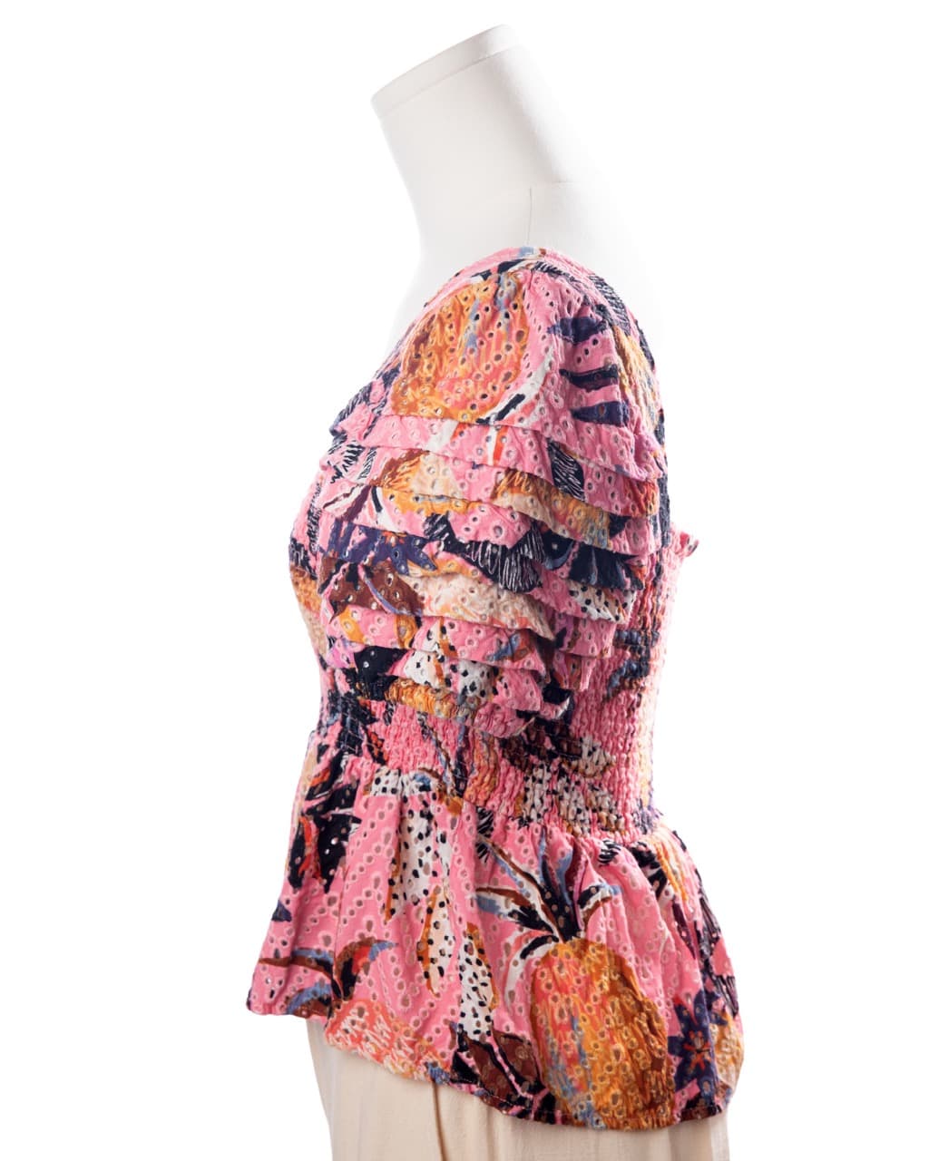 Farm Rio Pink Tropical Smocked Peplum Top