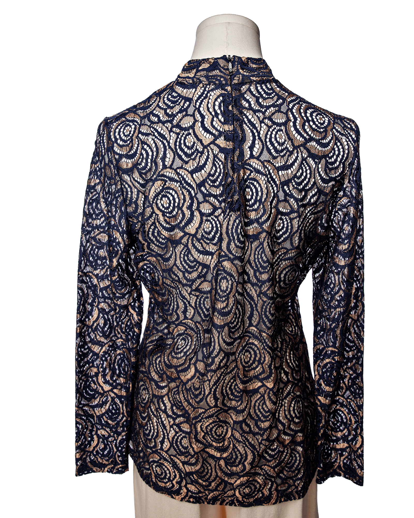 Anne Fontaine Navy Lace Mock Neck Long Sleeve Blouse