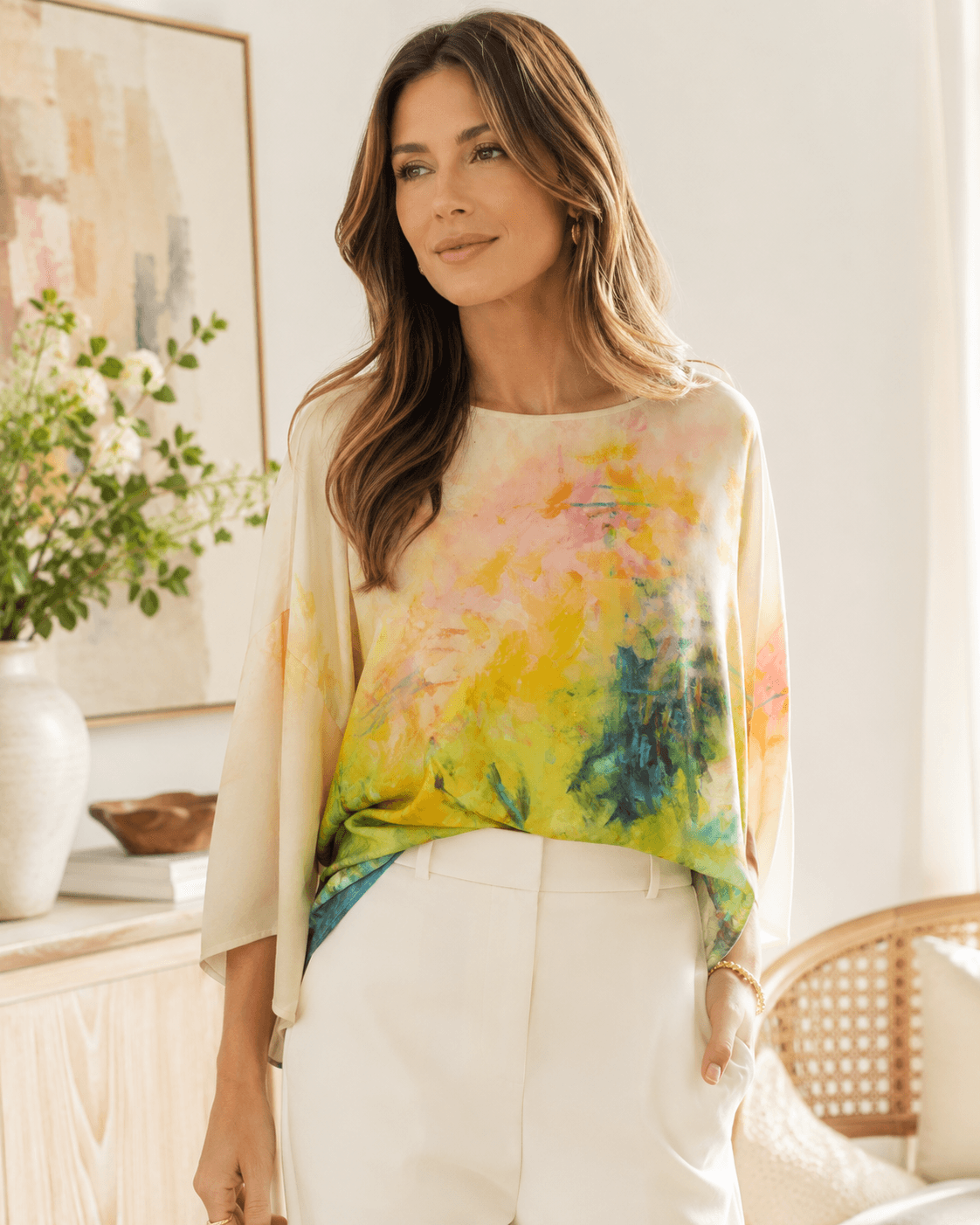 Lafayette 148 New York Abstract Watercolor 100% Silk Dolman Tunic Blouse