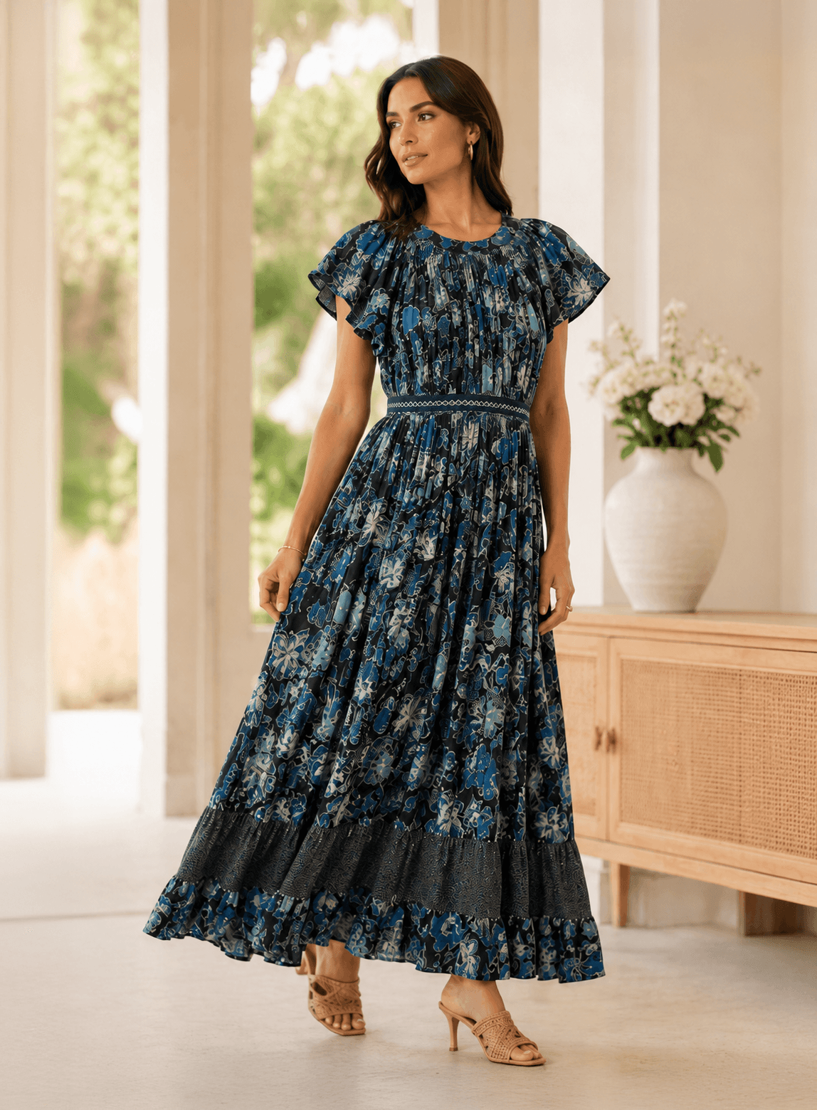 Ulla Johnson Indigo Floral Gathered Cotton Midi Dress