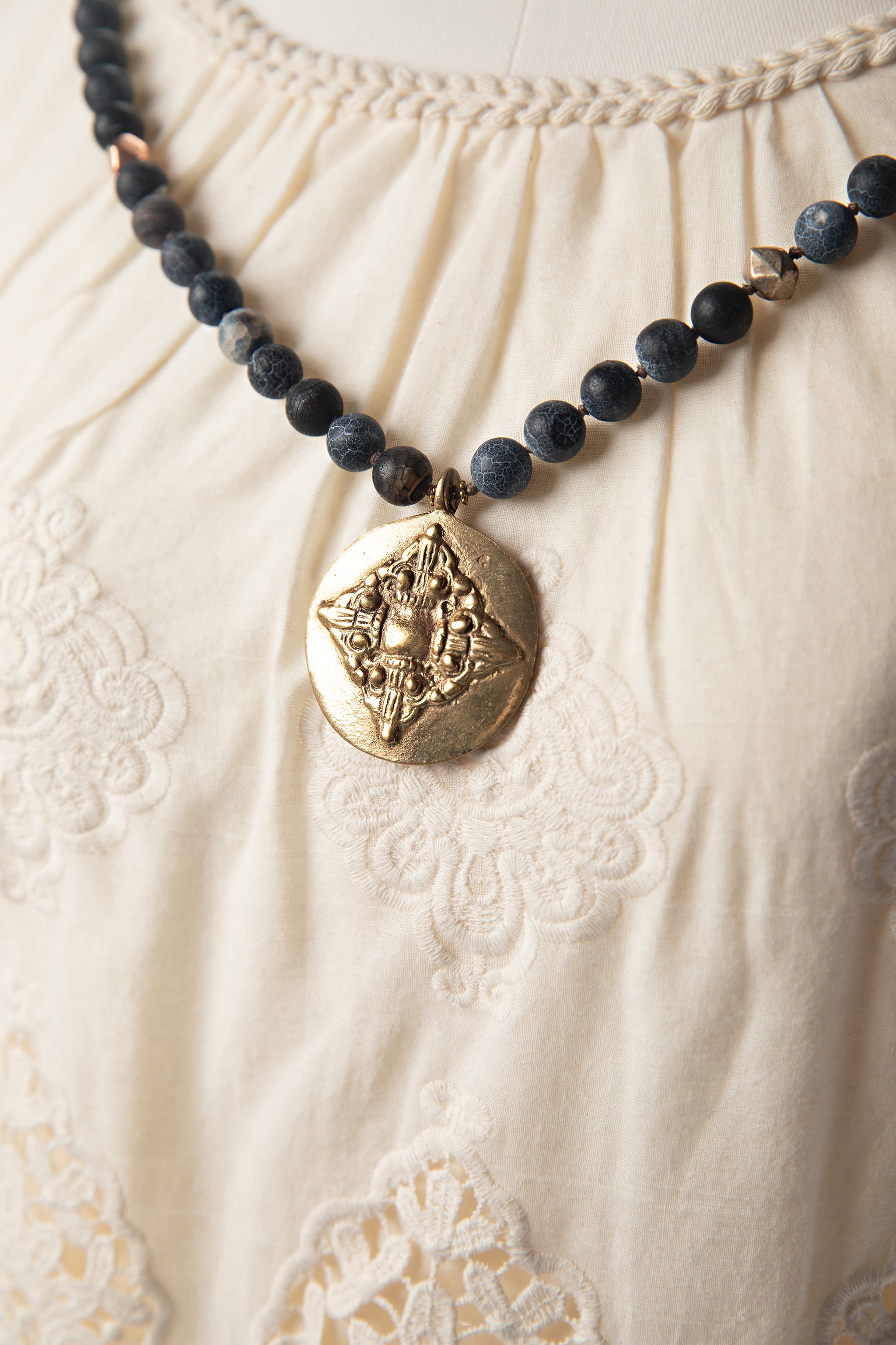 Julio Navy Agate Beaded Medallion Necklace
