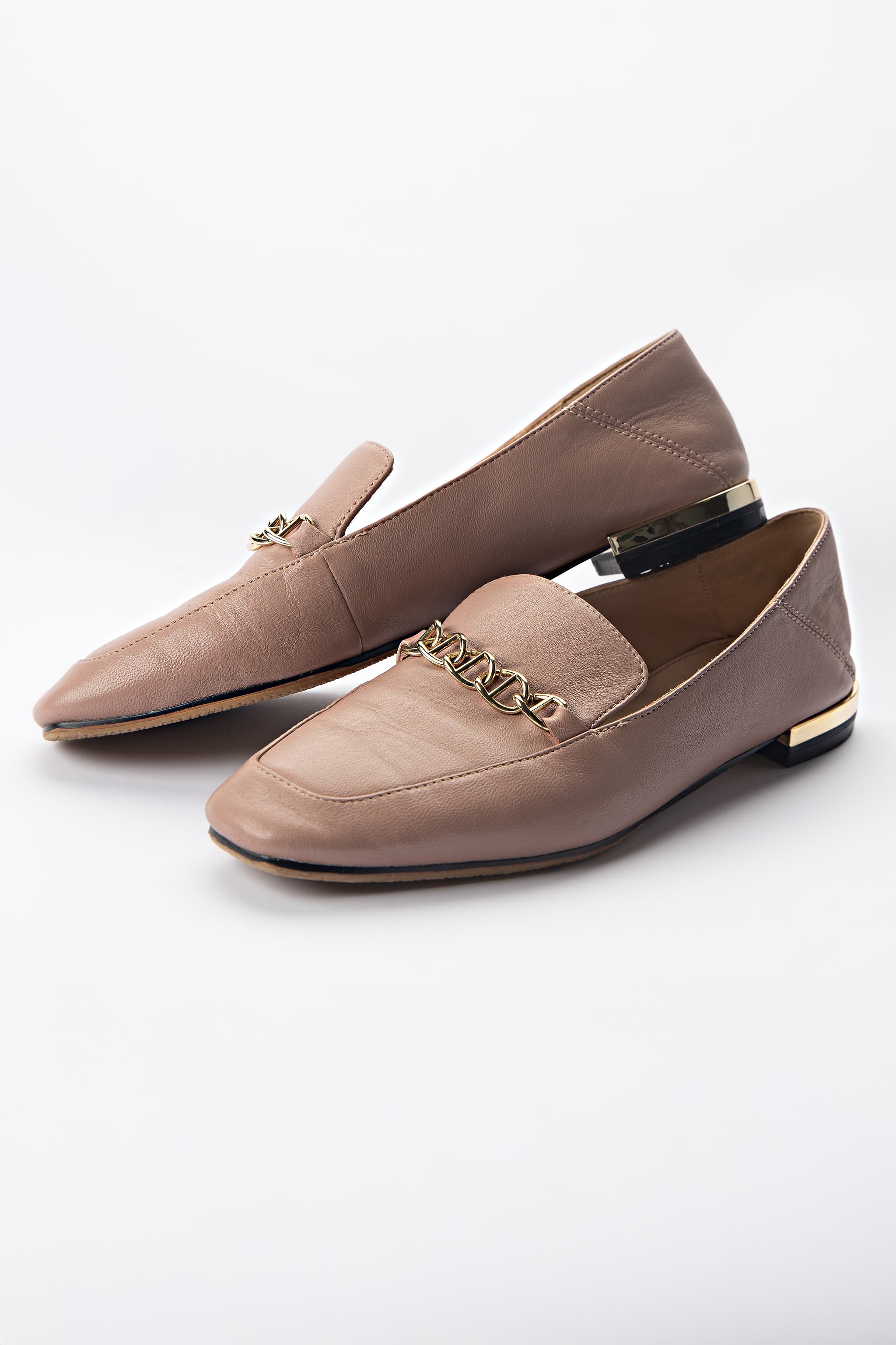Massimo Dutti Blush Taupe Leather Chain Loafers