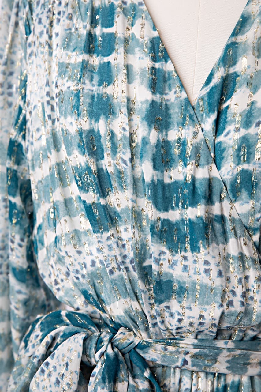 Suncoo Paris Metallic Tie-Dye Wrap Dress | Belted Long Sleeve