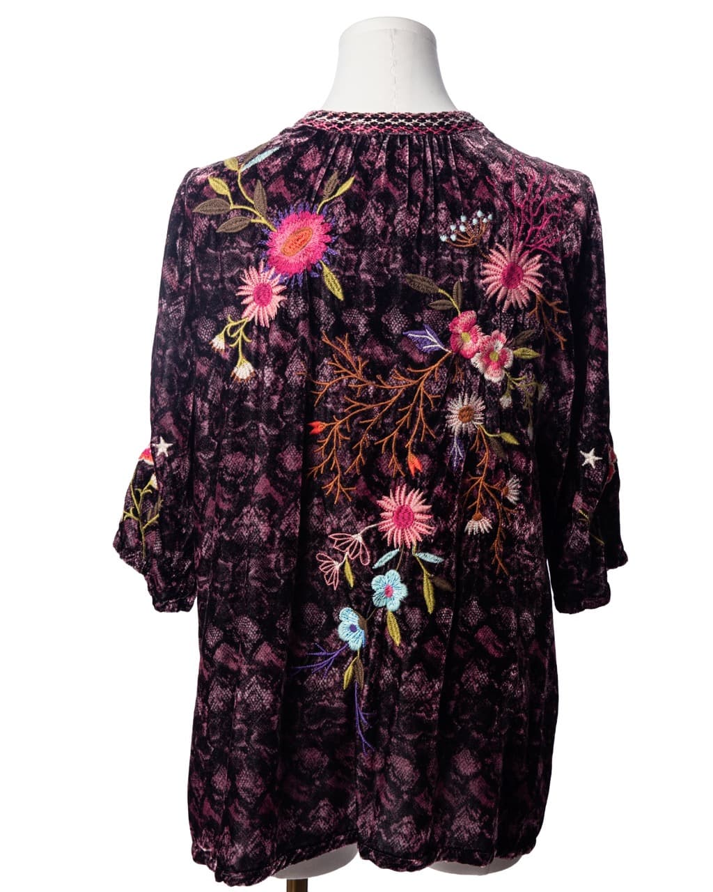 Johnny Was Plum Velvet Embroidered Floral Blouse