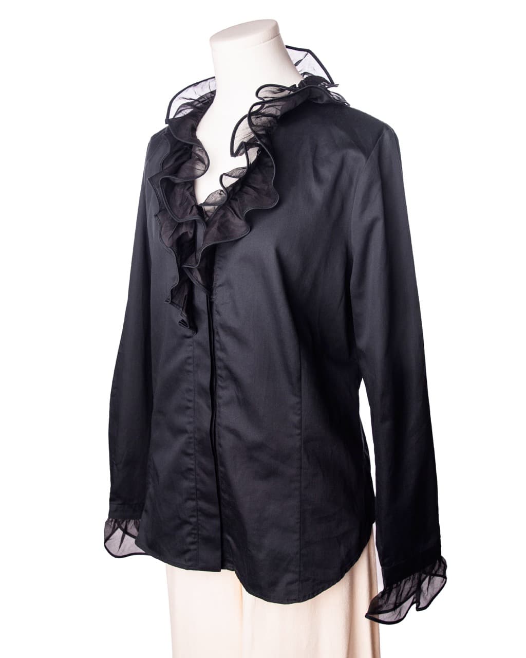 Gorsuch Black Cotton Ruffle Button-Down Blouse | Sheer Organza Trim