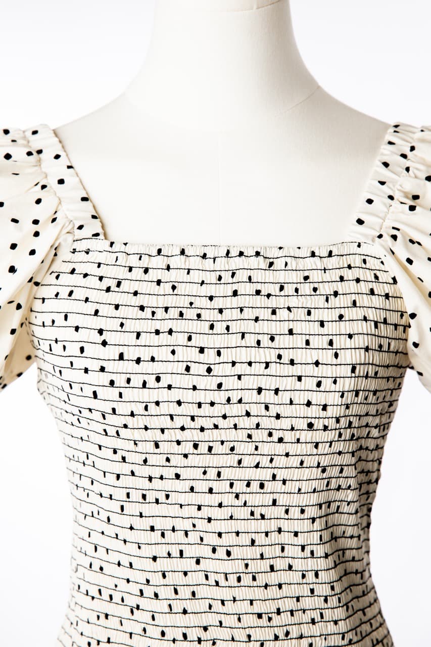 Tanya Taylor Eden Polka Dot Puff-Sleeve Smocked Mini Dress