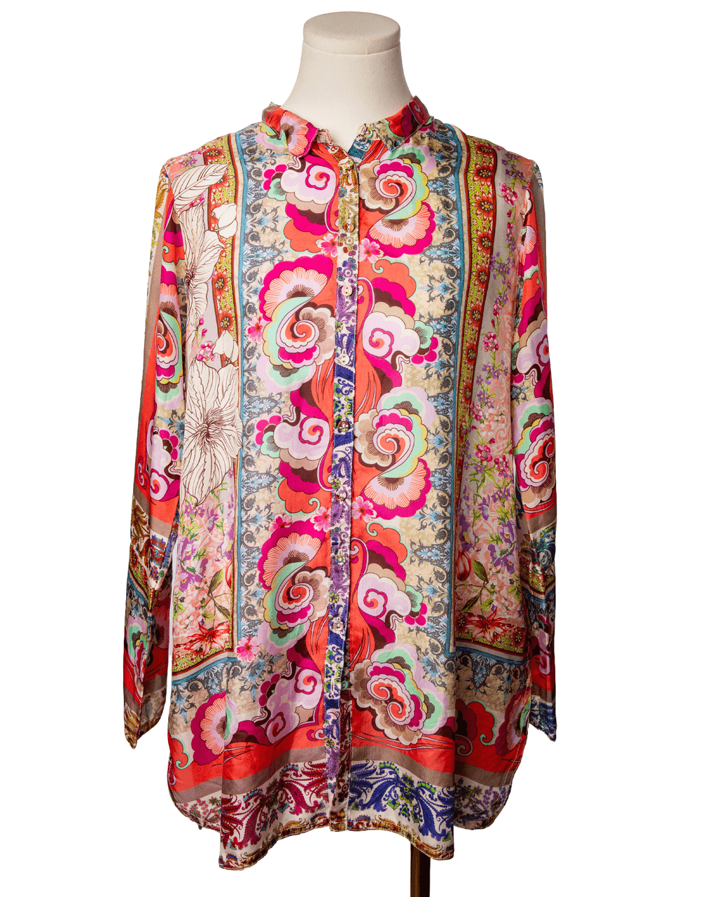 Johnny Was NWT 100% Silk Mixed Print Button-Front Blouse