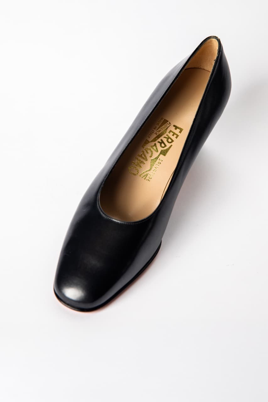 Salvatore Ferragamo Black Leather Block Heel Pumps | Made in Italy