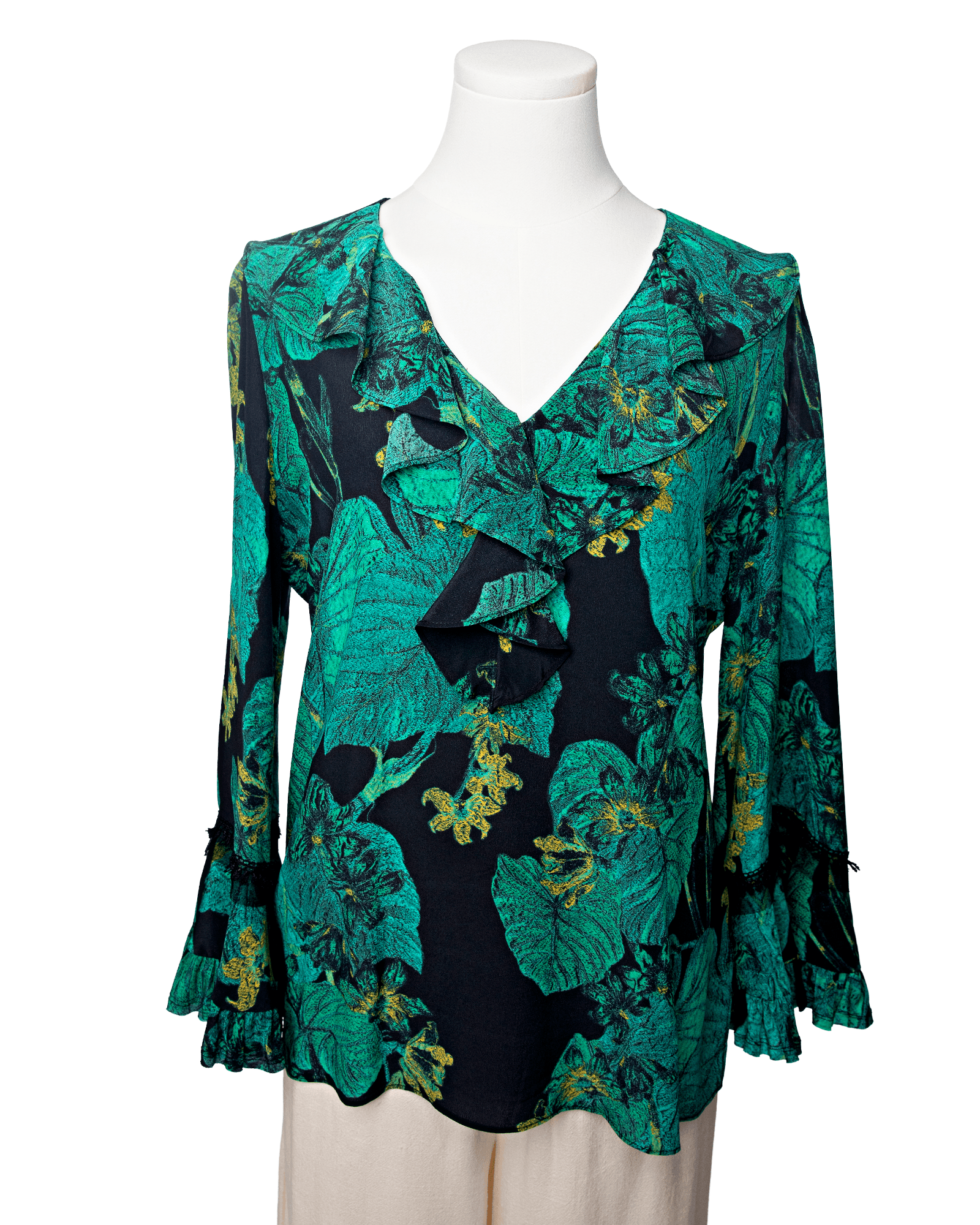 Kobi Halperin Dahlia Silk Ruffle Blouse in Emerald Noir Botanical