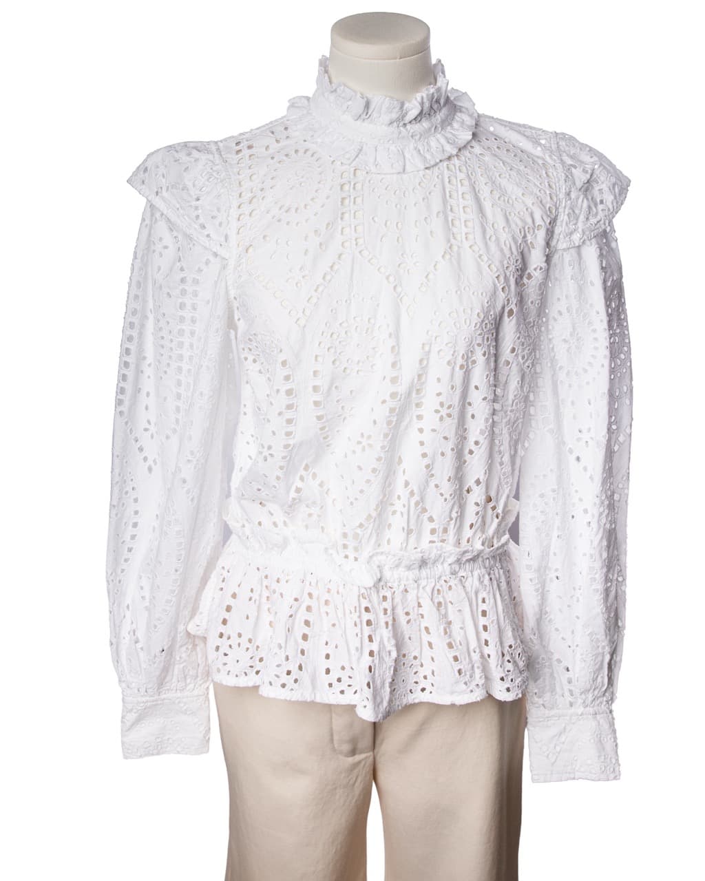 GANNI White Cotton Eyelet Open Back Ruffle Peplum Blouse