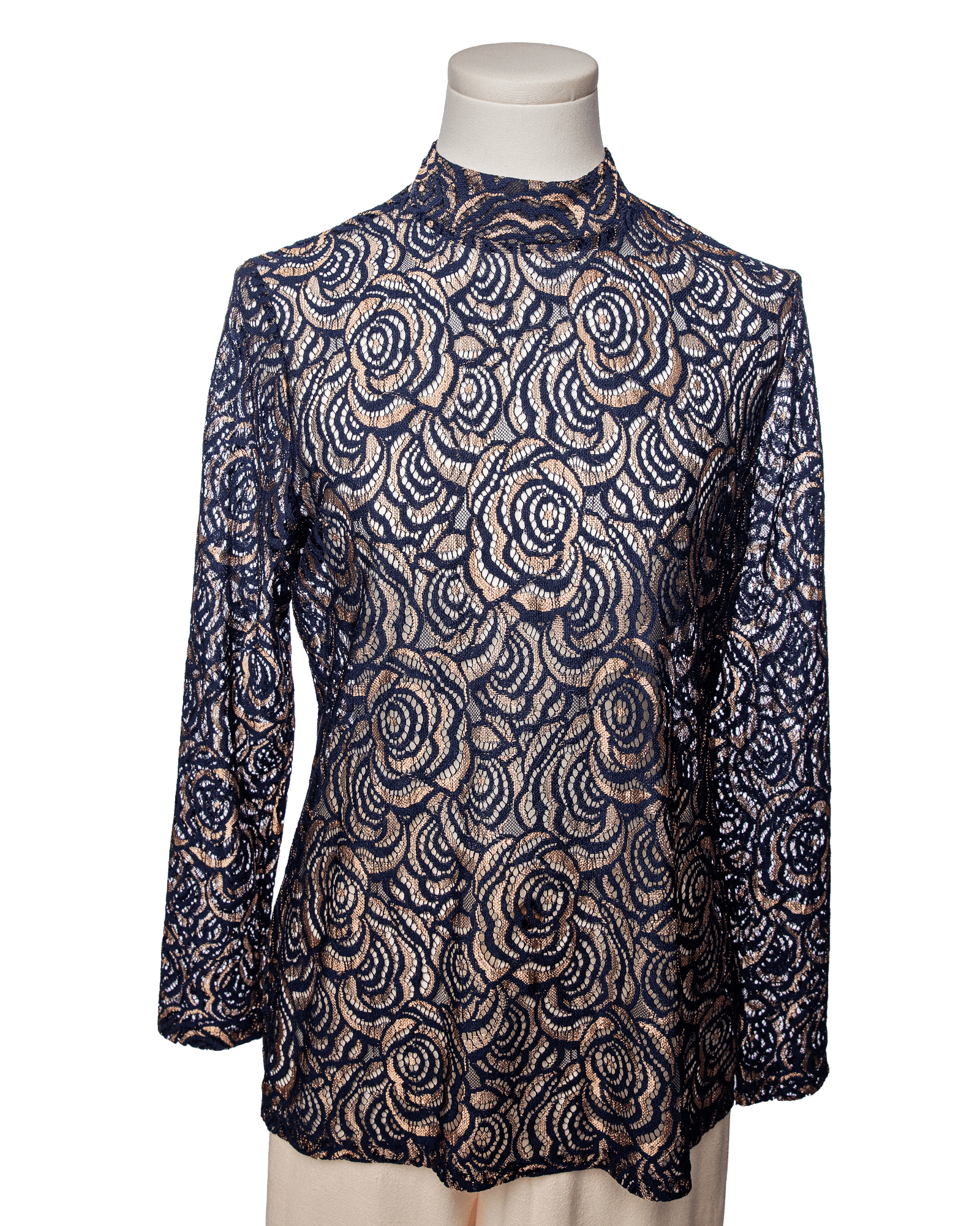 Anne Fontaine Navy Lace Mock Neck Long Sleeve Blouse
