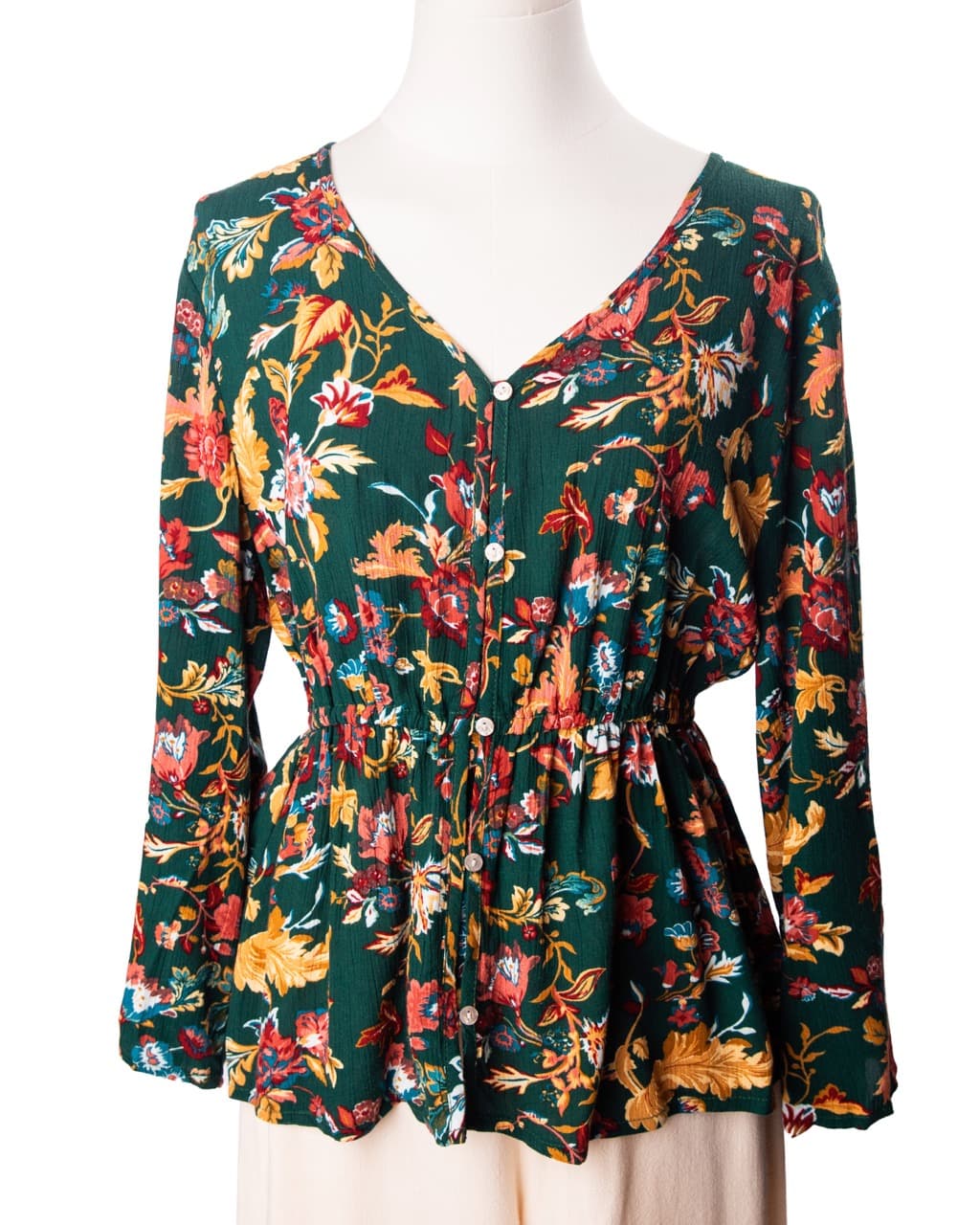 FRYE Emerald Floral Button Front Peplum Blouse