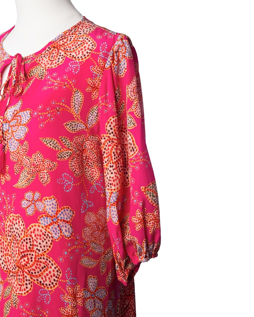 Johnny Was Fuchsia Floral Silk Tassel Shift Dress