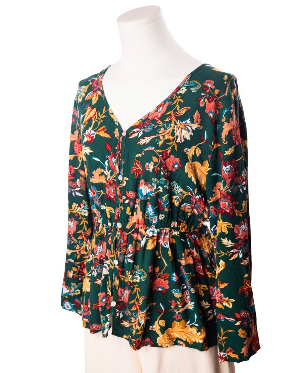 FRYE Emerald Floral Button Front Peplum Blouse
