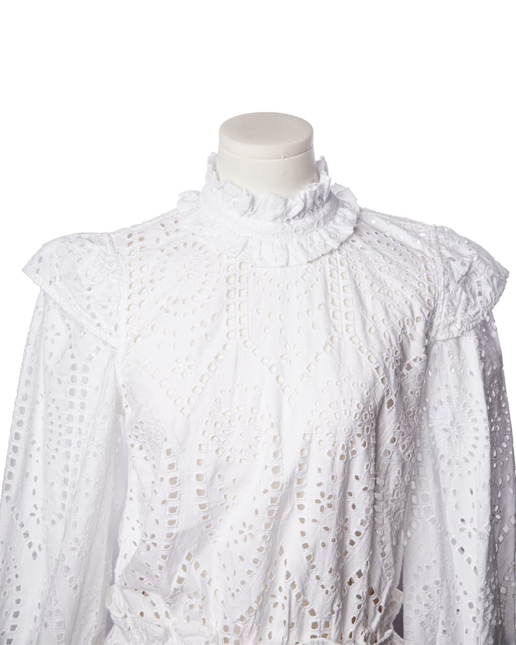 GANNI White Cotton Eyelet Open Back Ruffle Peplum Blouse