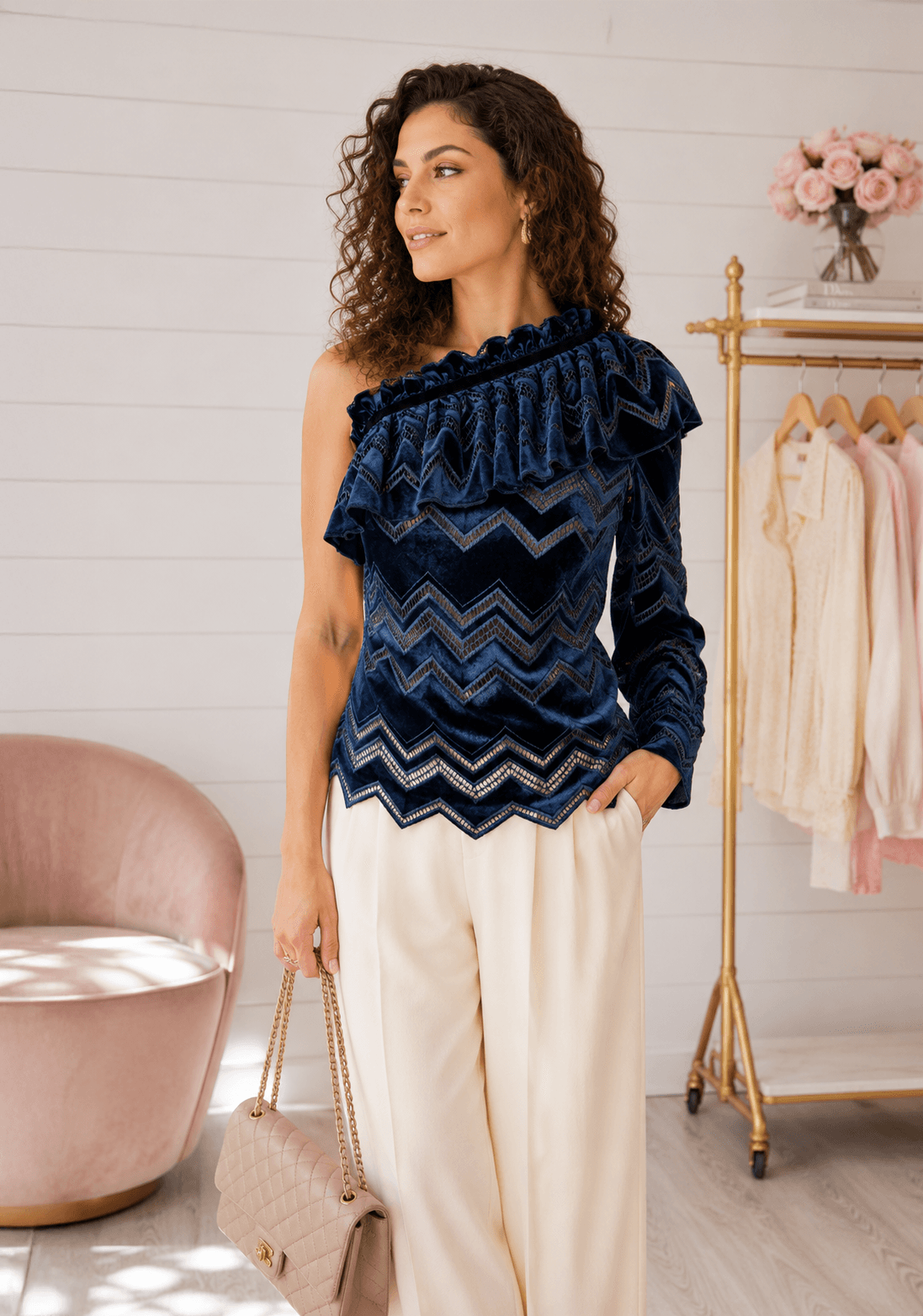 Self-Portrait One-Shoulder Velvet Zigzag Lace Blouse