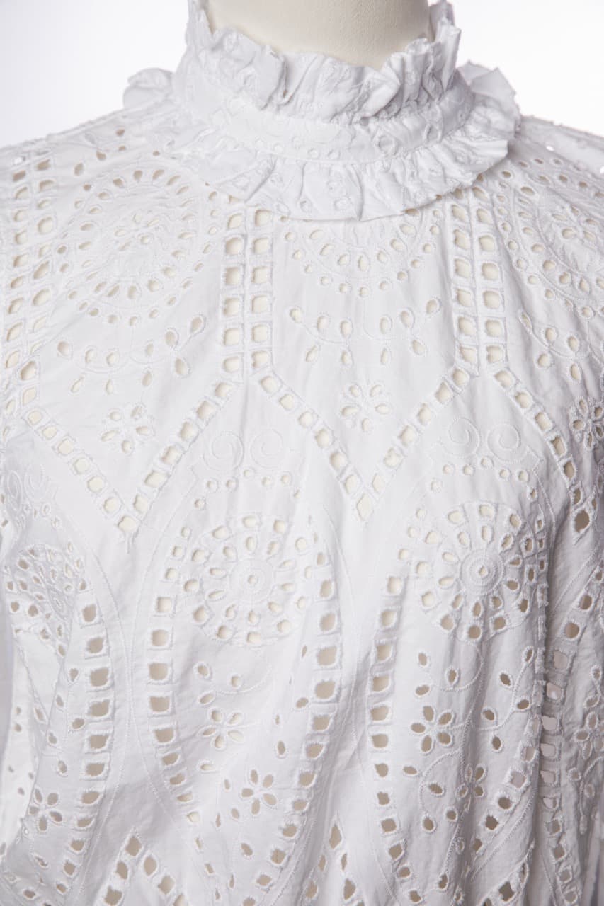 GANNI White Cotton Eyelet Open Back Ruffle Peplum Blouse