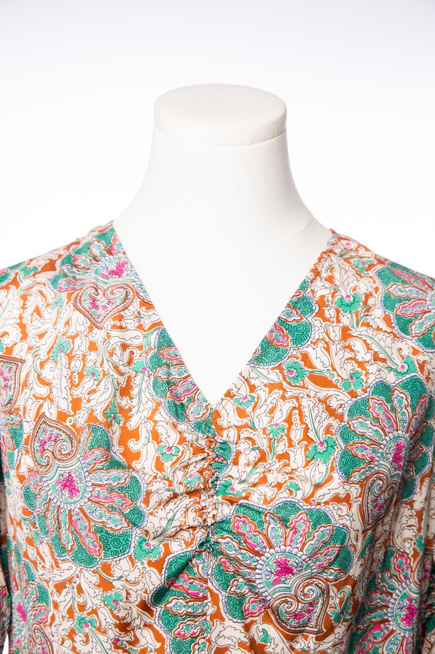 Veronica Beard Silk Paisley Ruched Sleeve Blouse