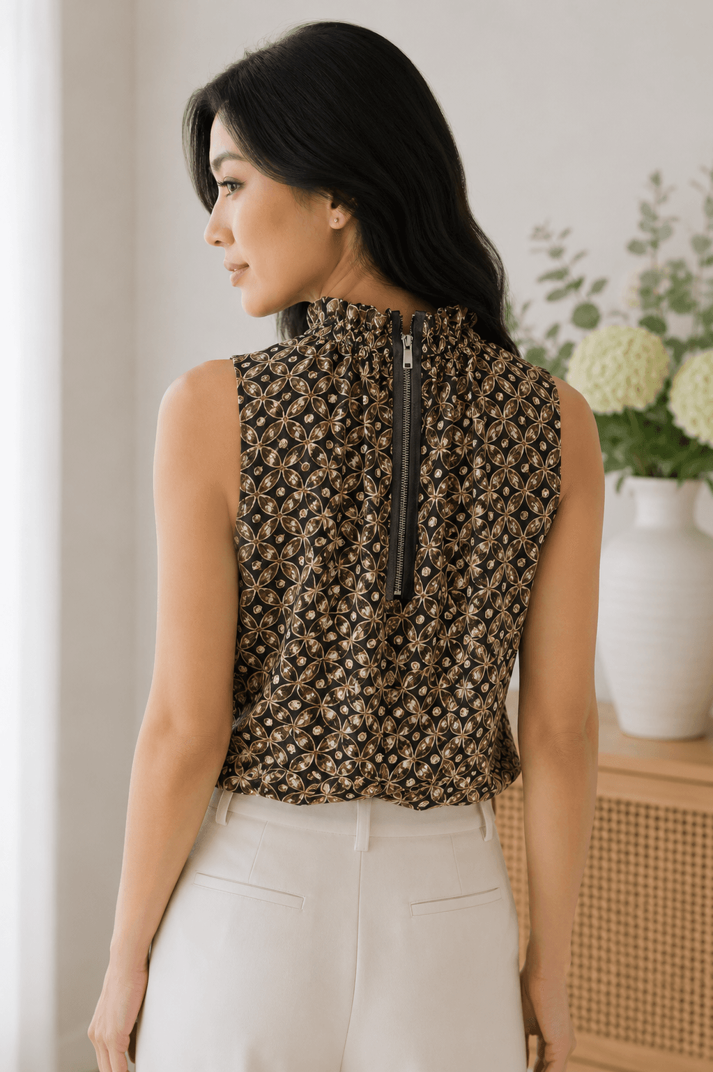 Worth Collection Silk Geometric Tie-Neck Blouse