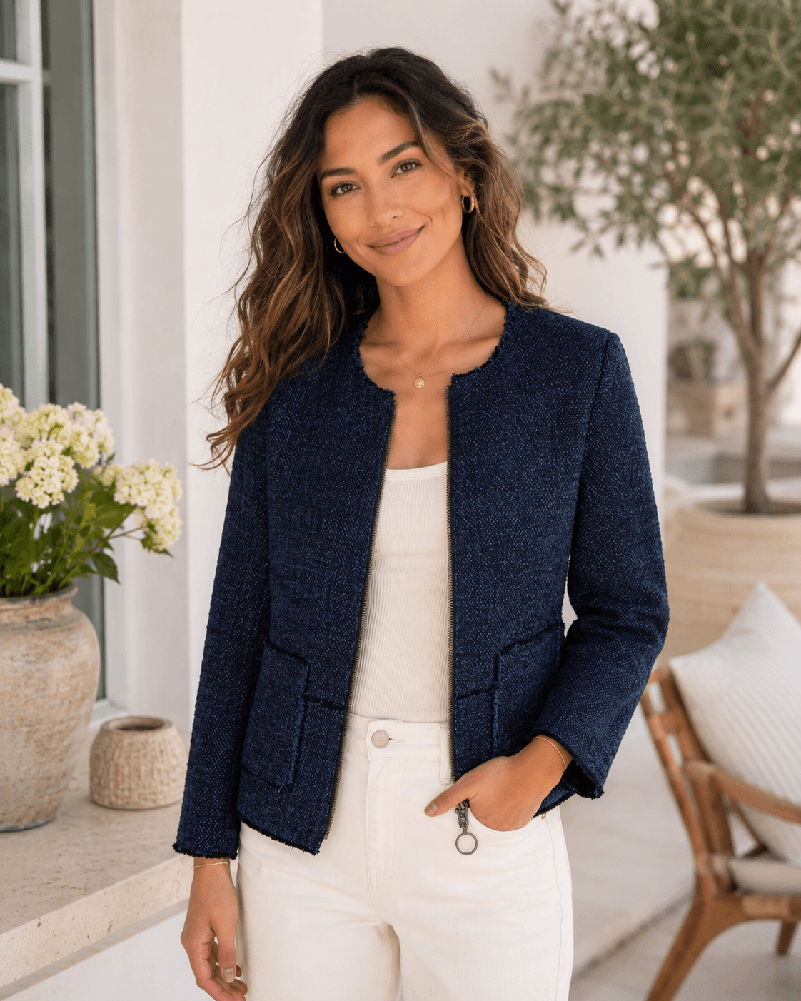 Rebecca Taylor Navy Tweed Zip-Front Jacket