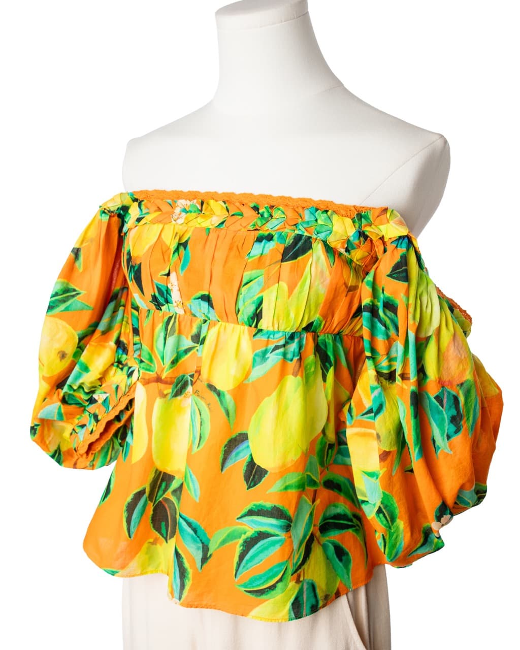 Farm Rio Pear Print Off-Shoulder Cotton Top