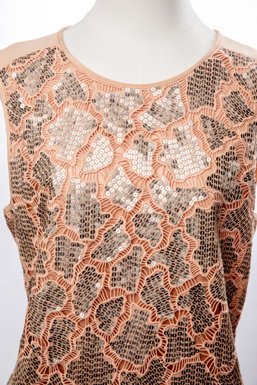 Rebecca Taylor Blush Nude Silver Sequin Cotton Silk Peplum Top