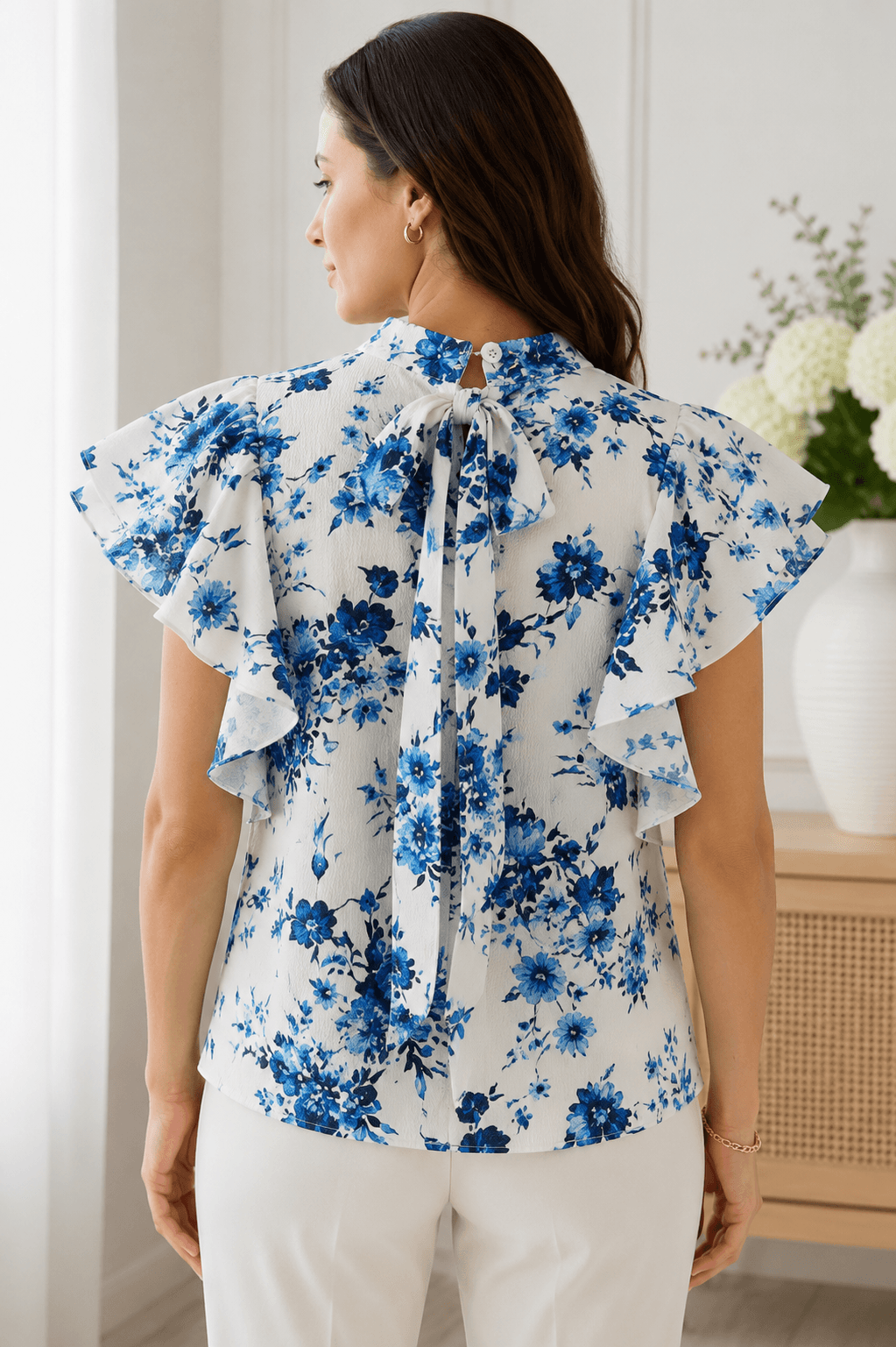 Adam Lippes Blue Floral Hammered Silk Ruffle Blouse