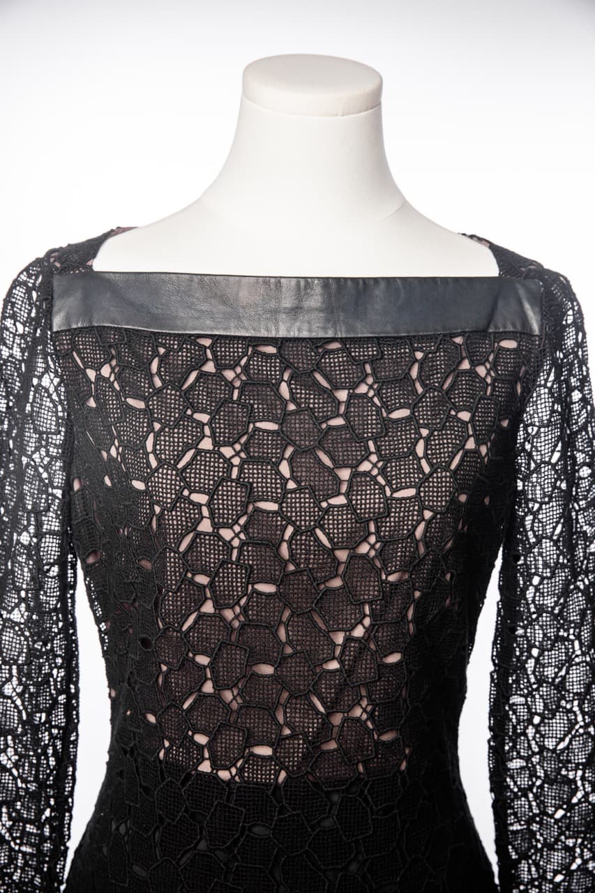 Diane von Furstenberg Black Lace & Leather Accent Cocktail Dress