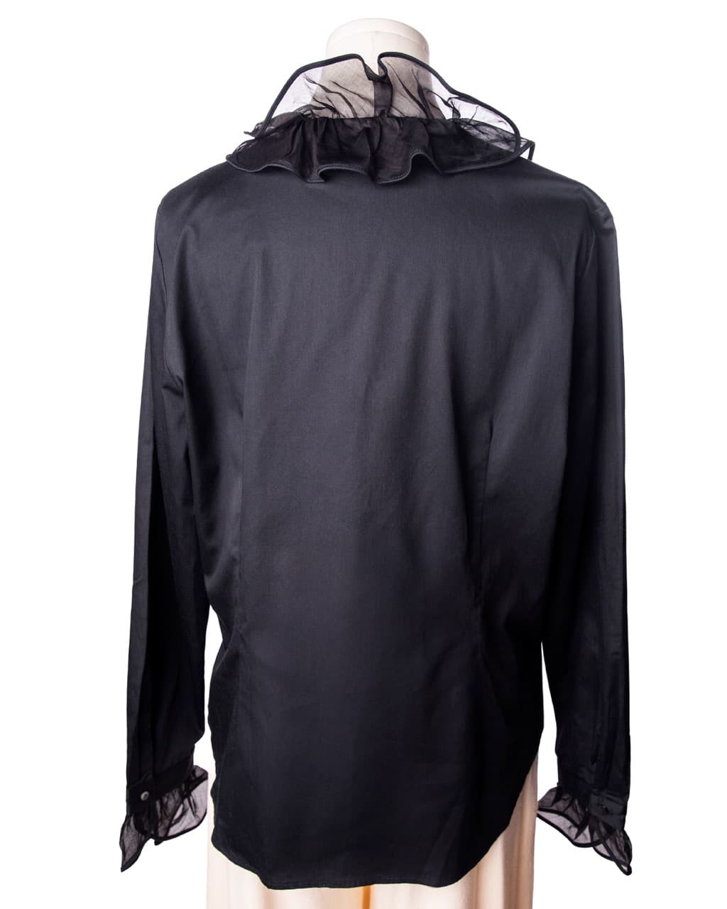 Gorsuch Black Cotton Ruffle Button-Down Blouse | Sheer Organza Trim