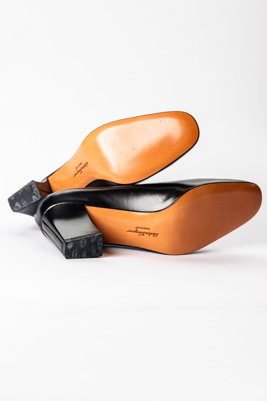 Salvatore Ferragamo Black Leather Block Heel Pumps | Made in Italy