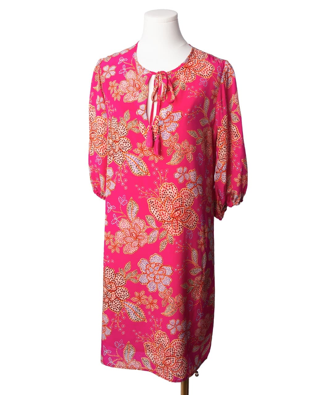 Johnny Was Fuchsia Floral Silk Tassel Shift Dress