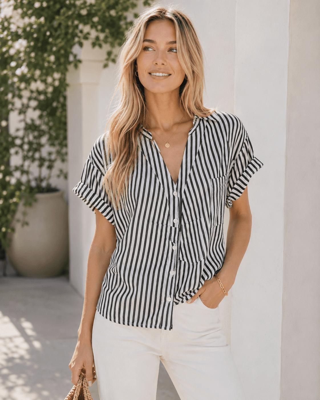FRAME Striped Button-Front Linen Blend Blouse