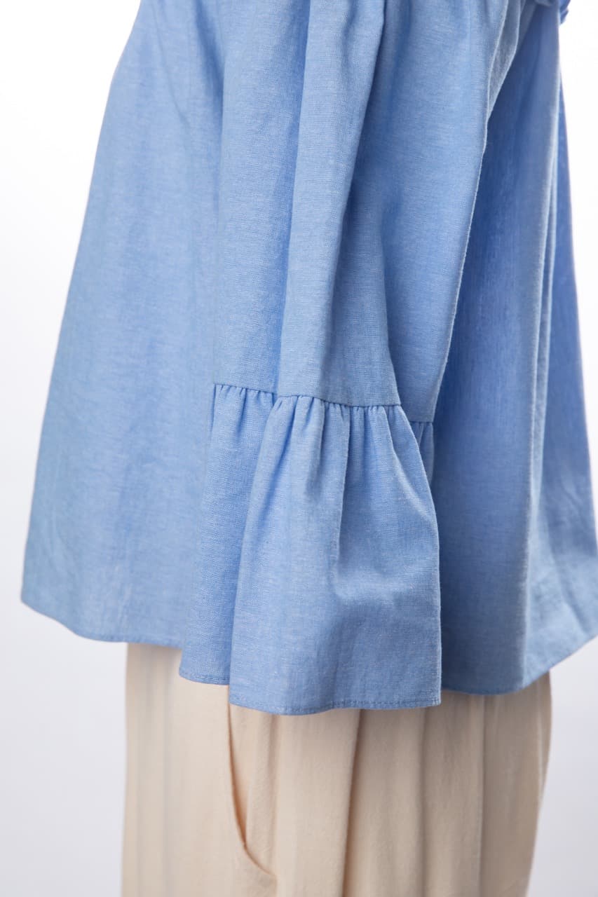 MISA Los Angeles Alma Off-the-Shoulder Ruffle Top in Denim Blue