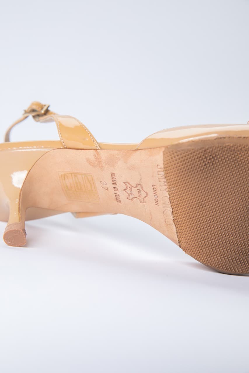 Jimmy Choo Nude Patent Leather Slingback Kitten Heels
