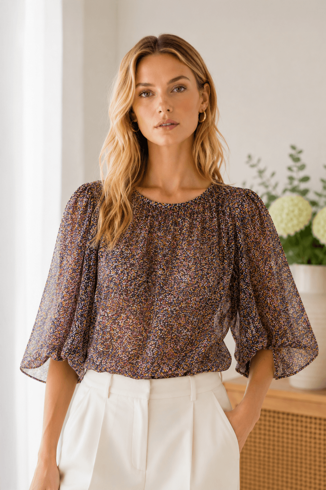 Stella McCartney Semi-Sheer Confetti Print Silk Blouse