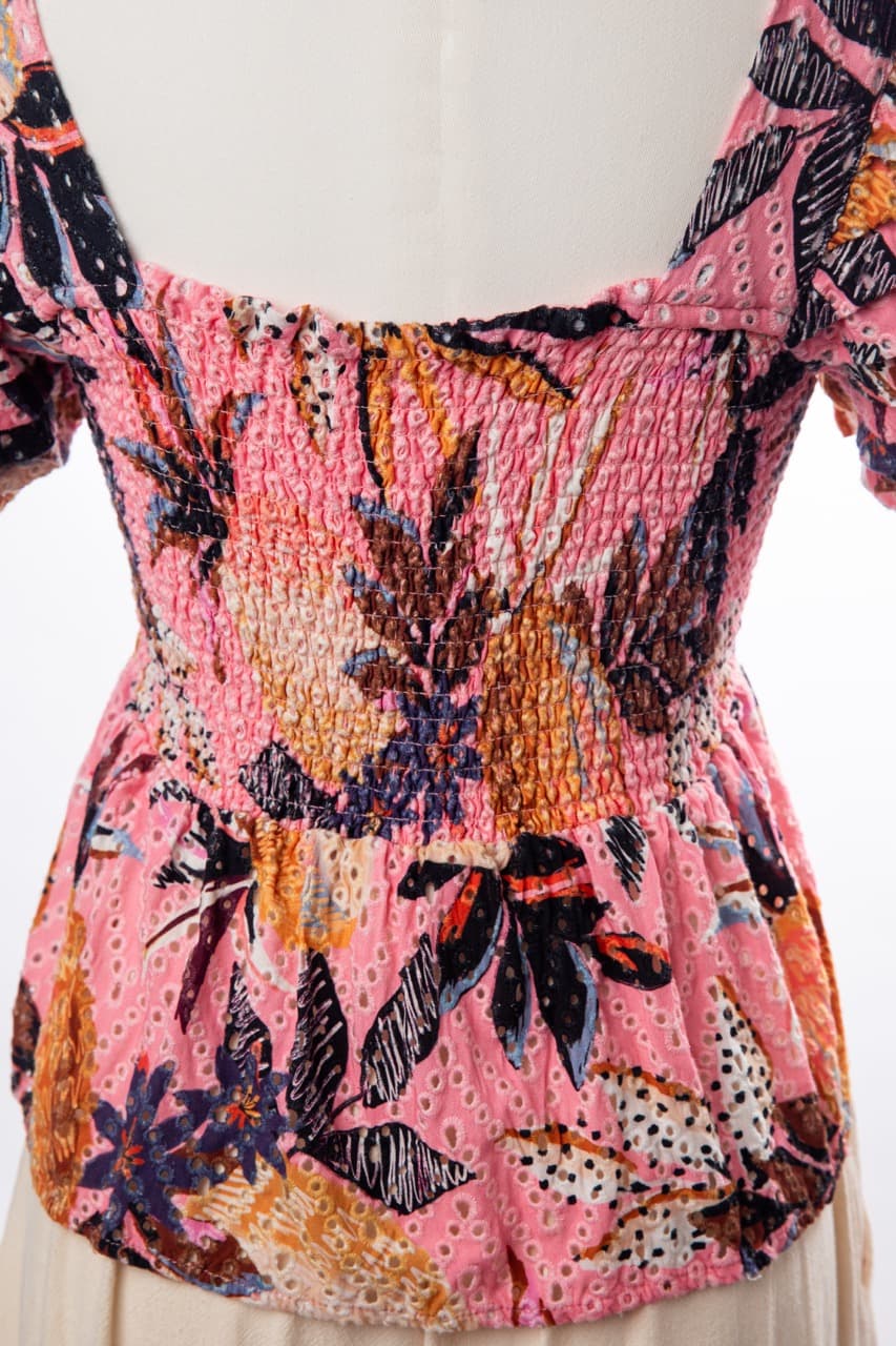 Farm Rio Pink Tropical Smocked Peplum Top