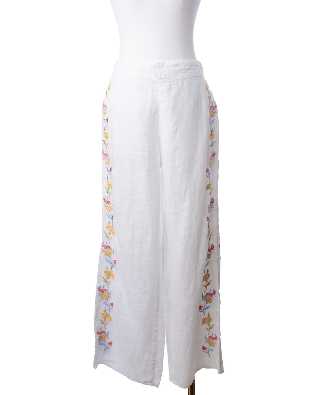 Calypso St. Barth White Linen-Blend Embroidered Wide-Leg Pants