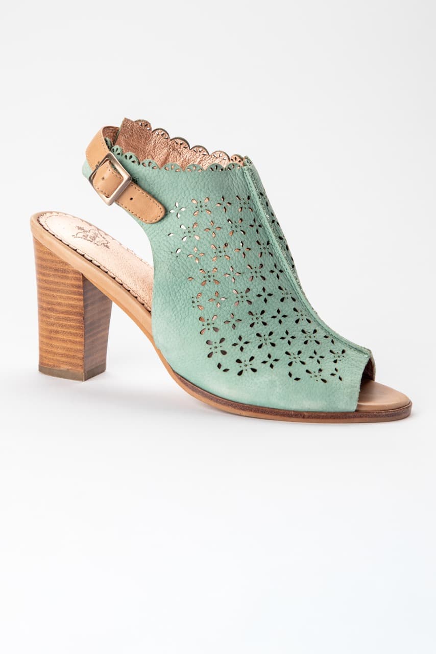Miss Albright Mint Laser-Cut Leather Peep-Toe Block Heel Sandals