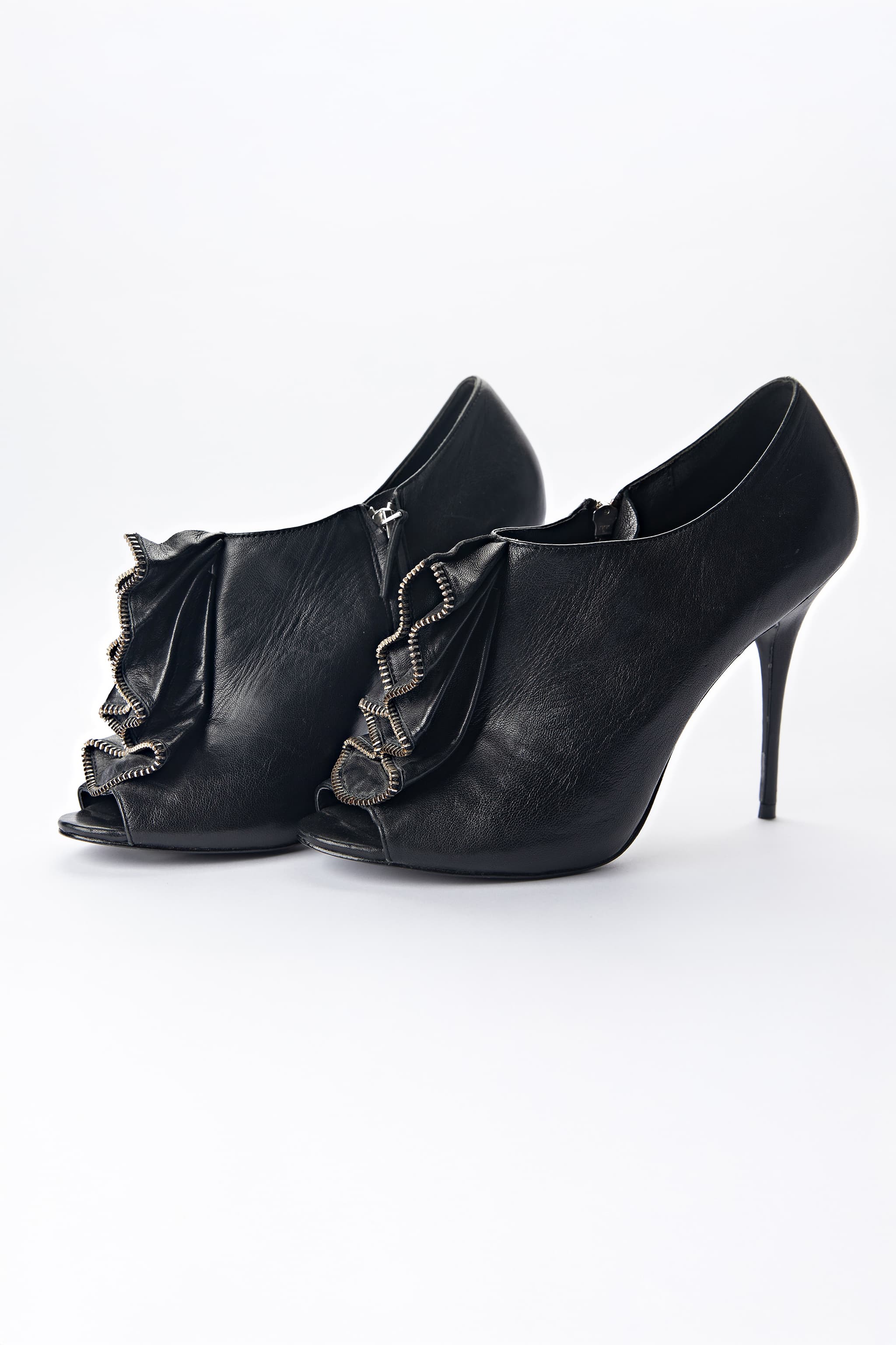 Elizabeth and James Black Leather Ruffle Peep-Toe Booties