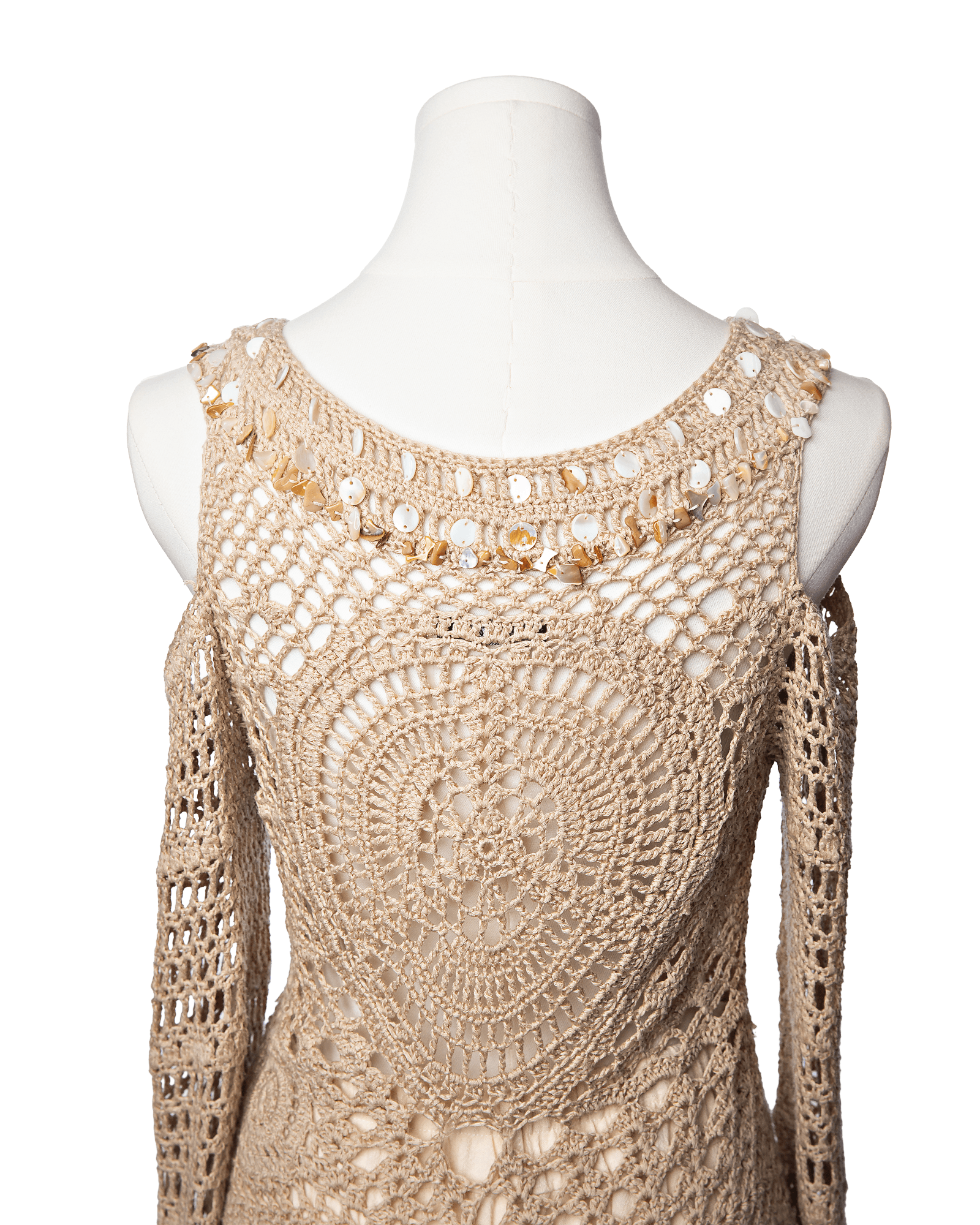 Dolce Cabo Shell Embellished Crochet Resort Top in Sand Pearl