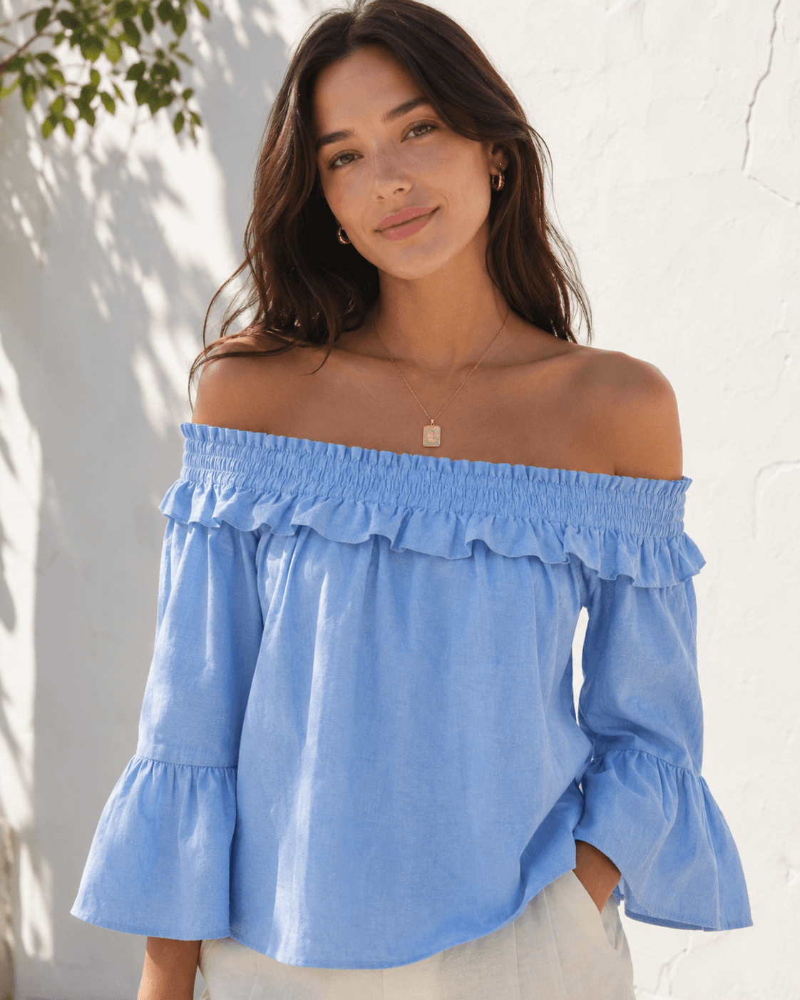 MISA Los Angeles Alma Off-the-Shoulder Ruffle Top in Denim Blue