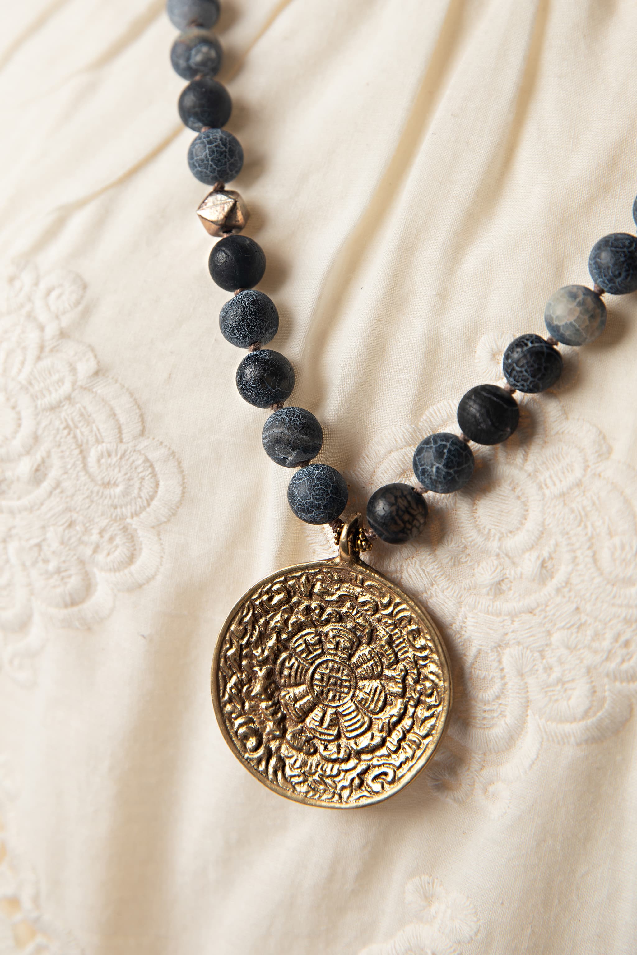 Julio Navy Agate Beaded Medallion Necklace