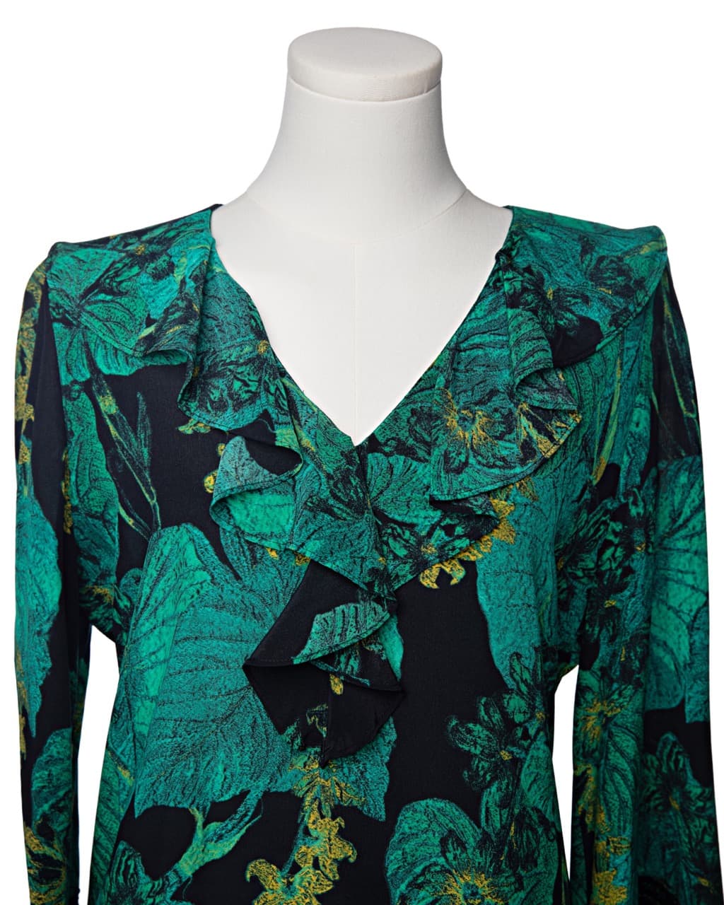 Kobi Halperin Dahlia Silk Ruffle Blouse in Emerald Noir Botanical