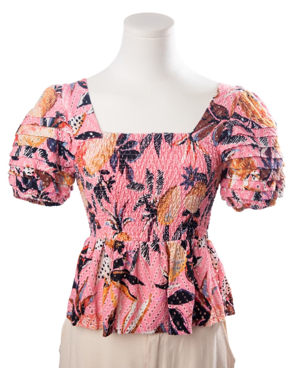 Farm Rio Pink Tropical Smocked Peplum Top